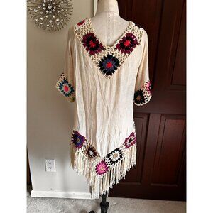 Yimai unique coverup with crocheted square trim and fringes S/M